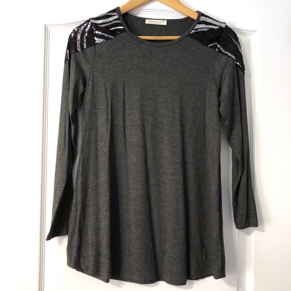 Gray and Black Sequins Top Long Sleeve - Picture 2 of 4